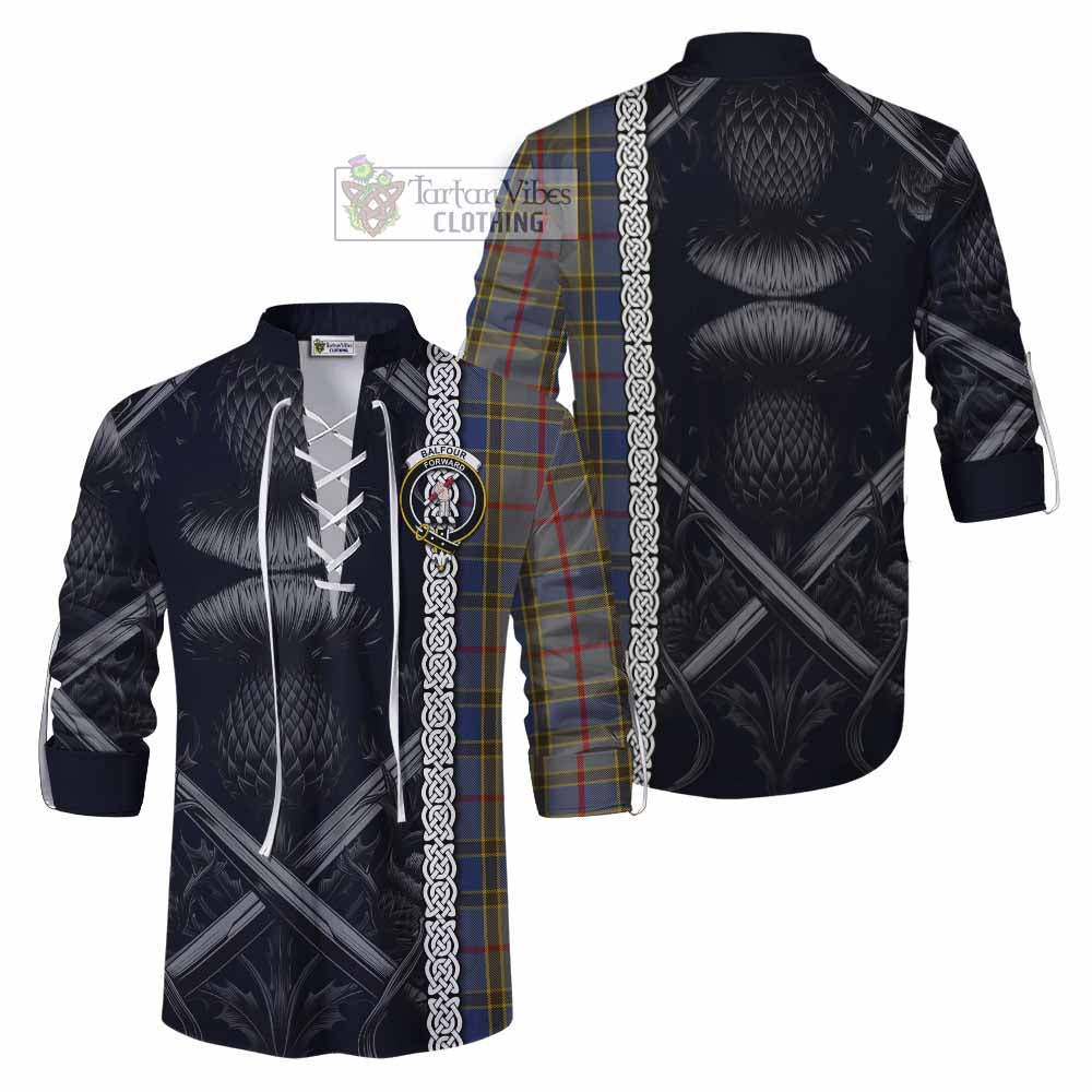 Tartan Vibes Clothing Balfour Tartan Ghillie Kilt Shirt with Family Crest Cross Sword Thistle Celtic Vibes