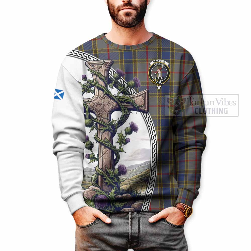 Tartan Vibes Clothing Balfour Tartan Sweatshirt with Family Crest and St. Andrew's Cross Accented by Thistle Vines