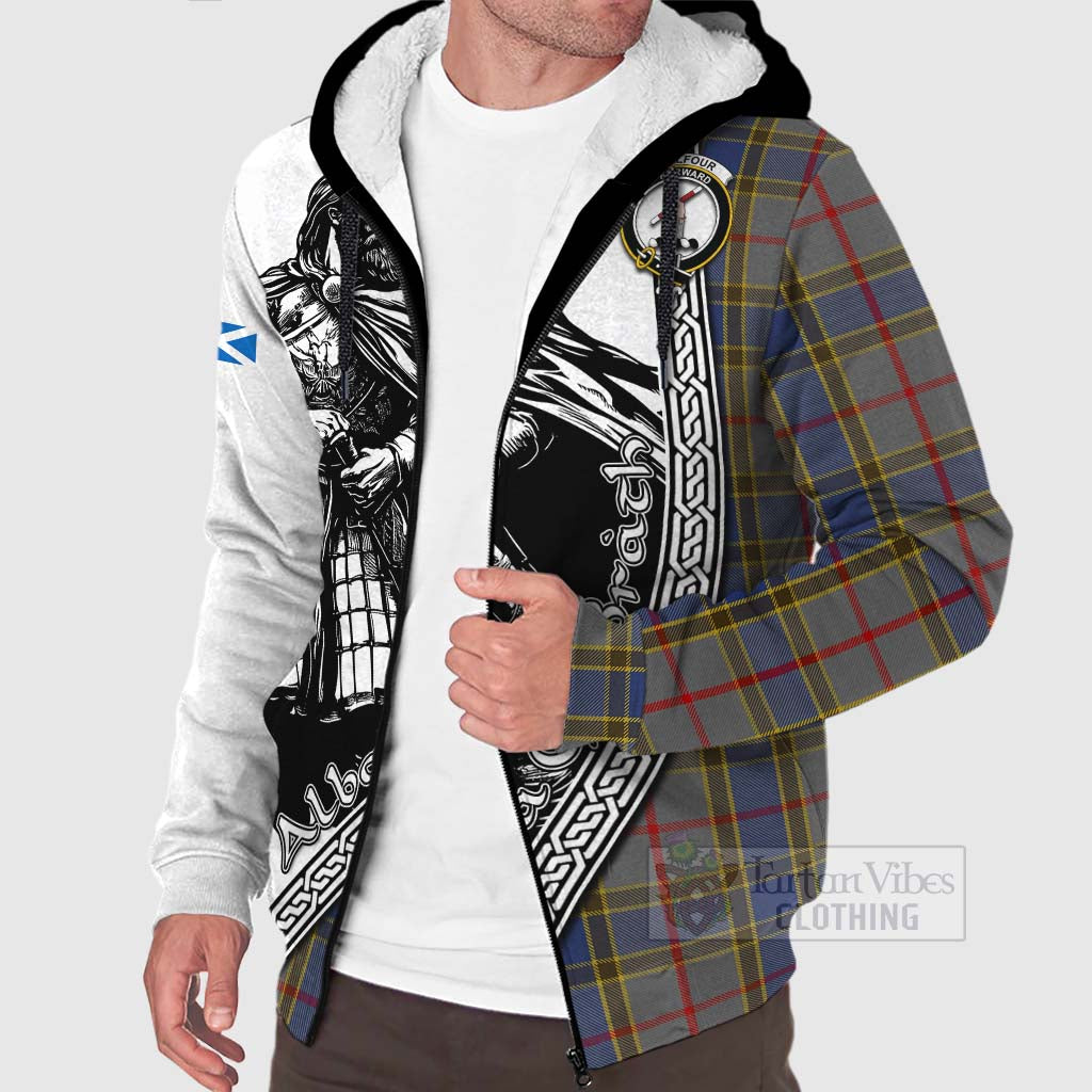 Tartan Vibes Clothing Balfour Tartan Clan Crest Sherpa Hoodie with Highlander Warrior Celtic Style