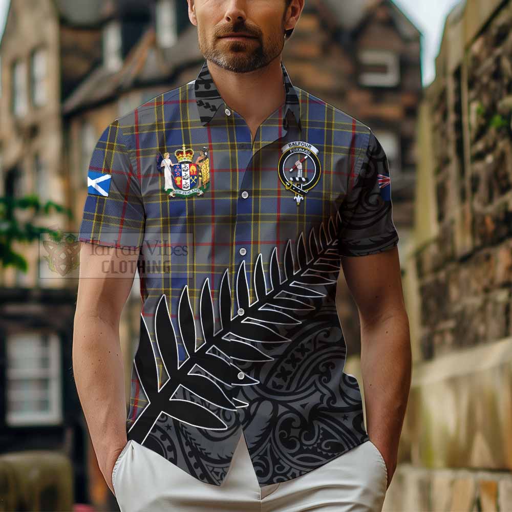 Tartan Vibes Clothing Balfour Crest Tartan Short Sleeve Button Shirt with New Zealand Silver Fern Half Style