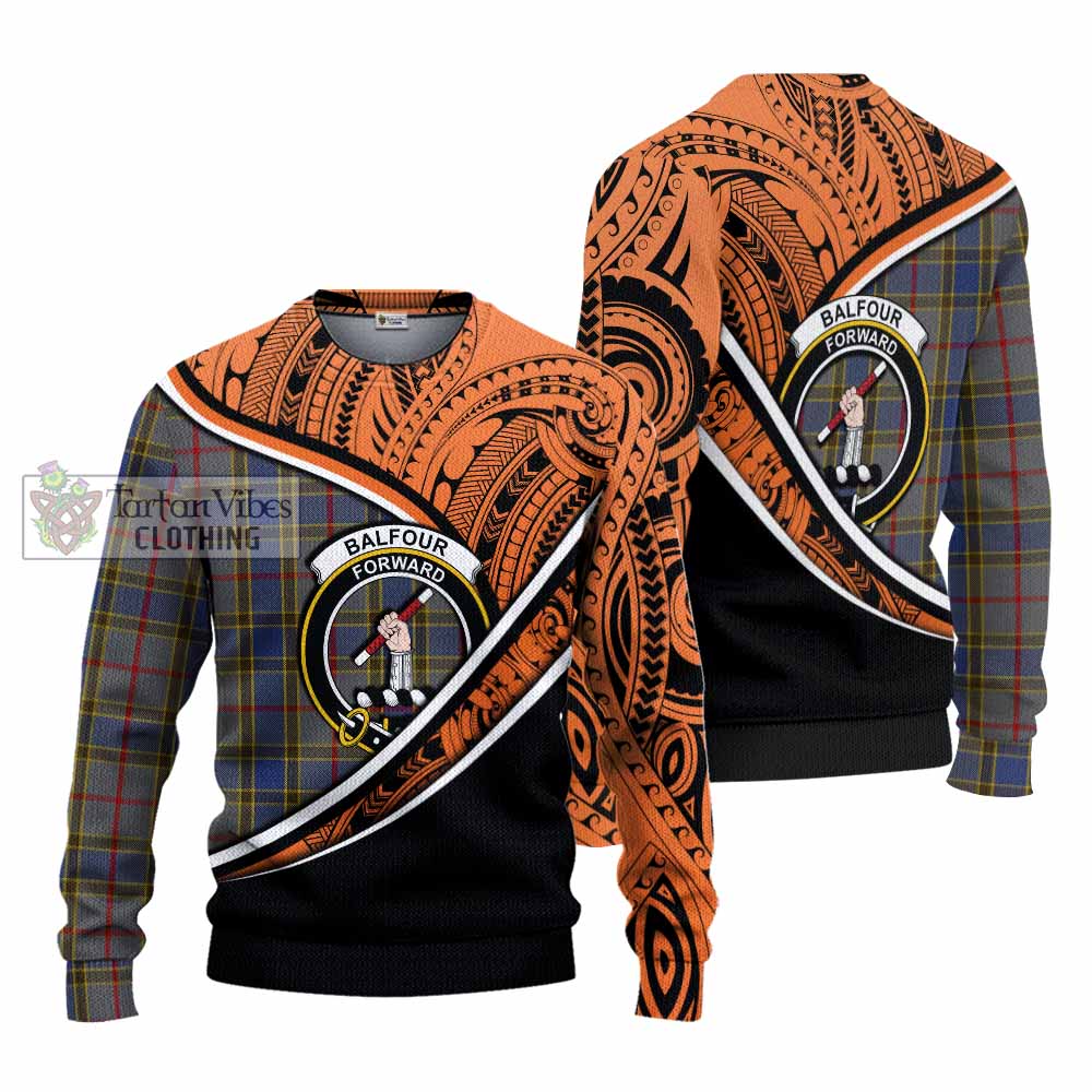 Tartan Vibes Clothing Balfour Crest Tartan Knitted Sweater with Maori Tattoo Style - Orange Version