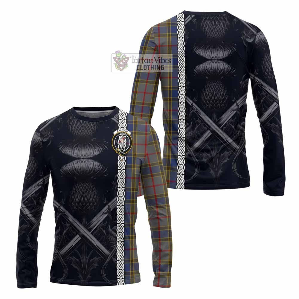 Tartan Vibes Clothing Balfour Tartan Long Sleeve T-Shirt with Family Crest Cross Sword Thistle Celtic Vibes