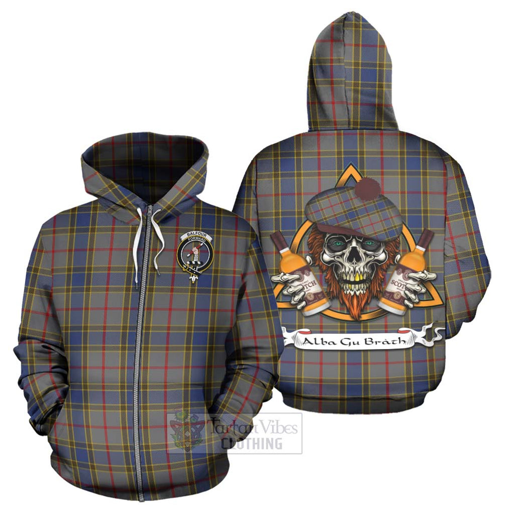 Tartan Vibes Clothing Balfour Tartan Hoodie with Family Crest and Bearded Skull Holding Bottles of Whiskey