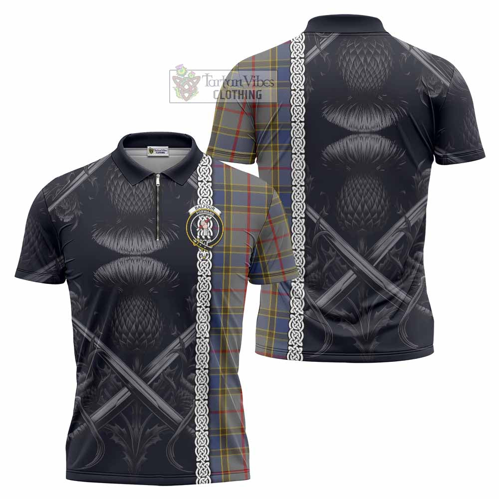 Tartan Vibes Clothing Balfour Tartan Zipper Polo Shirt with Family Crest Cross Sword Thistle Celtic Vibes