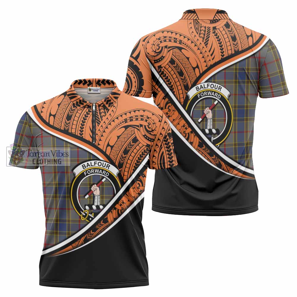 Tartan Vibes Clothing Balfour Crest Tartan Zipper Polo Shirt with Maori Tattoo Style - Orange Version