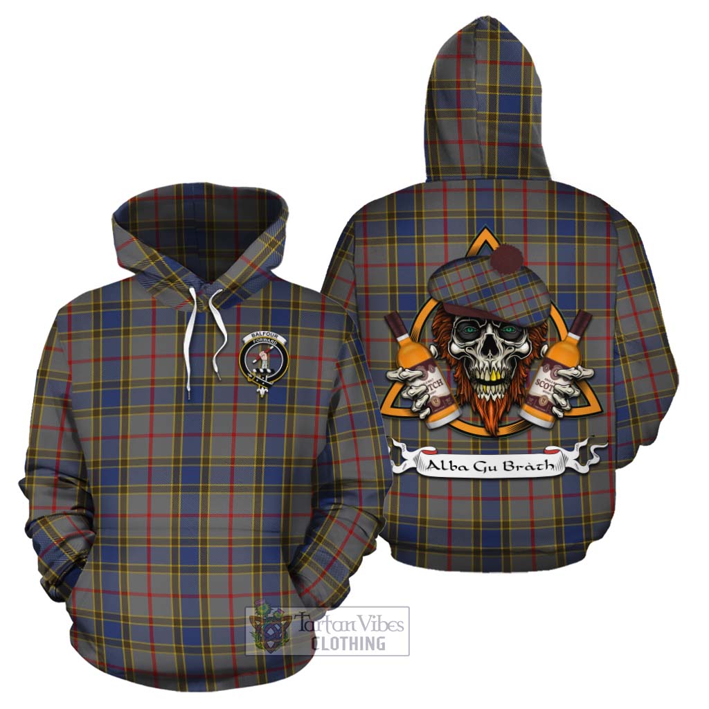 Tartan Vibes Clothing Balfour Tartan Cotton Hoodie with Family Crest and Bearded Skull Holding Bottles of Whiskey