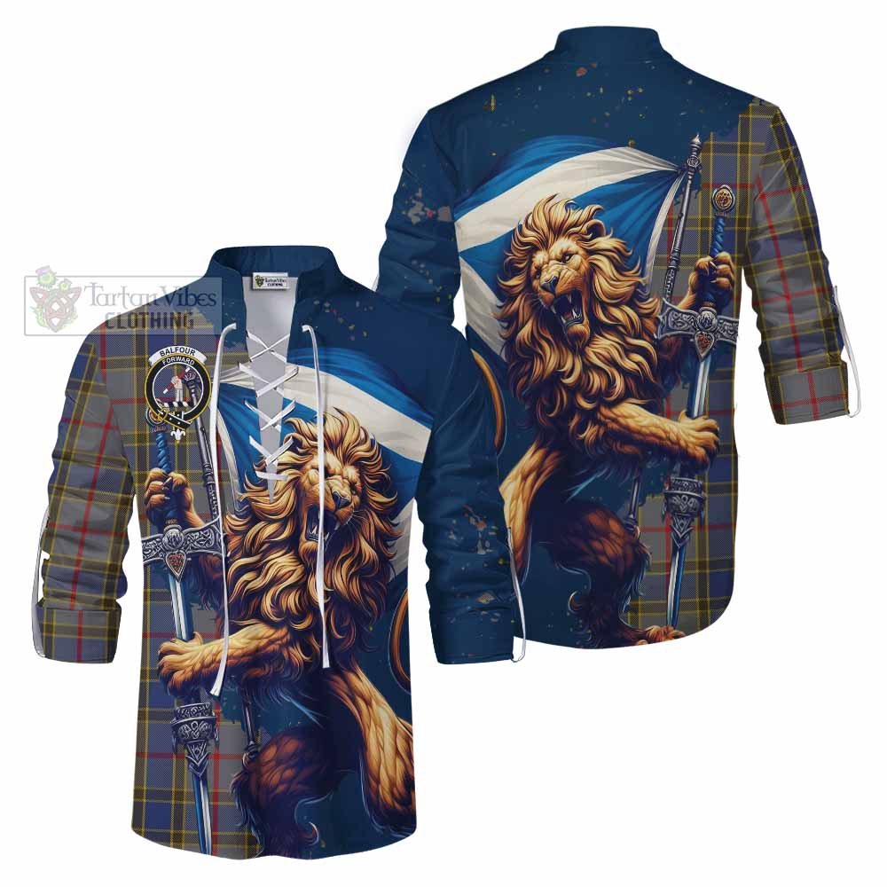 Tartan Vibes Clothing Balfour Tartan Family Crest Ghillie Kilt Shirt with Scottish Majestic Lion