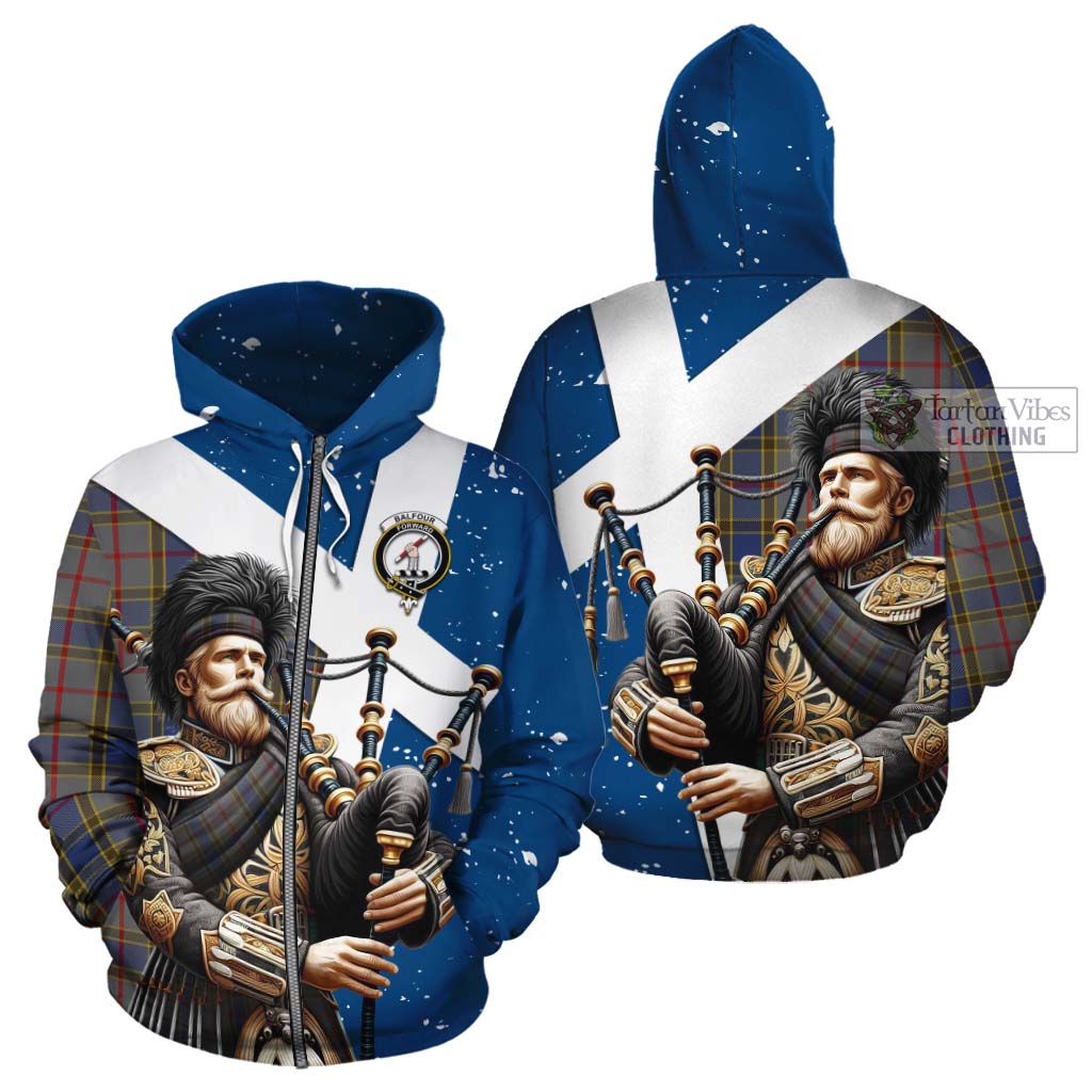 Tartan Vibes Clothing Balfour Tartan Cotton Hoodie with Family Crest Scottish Bagpiper Vibes