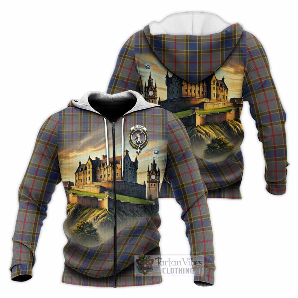 Balfour Tartan Family Crest Knitted Hoodie with Scottish Ancient Castle Style Unisex Knitted Zip Hoodie - Tartan Vibes Clothing