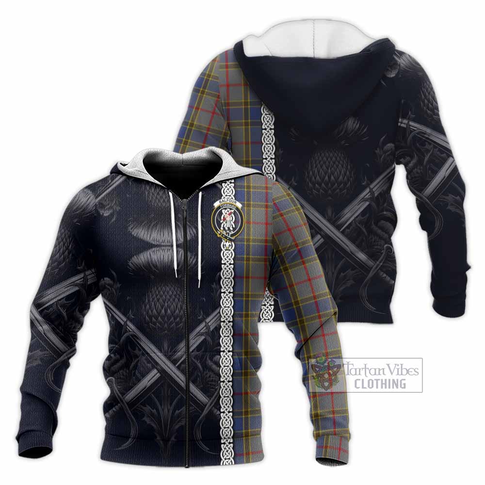 Tartan Vibes Clothing Balfour Tartan Knitted Hoodie with Family Crest Cross Sword Thistle Celtic Vibes