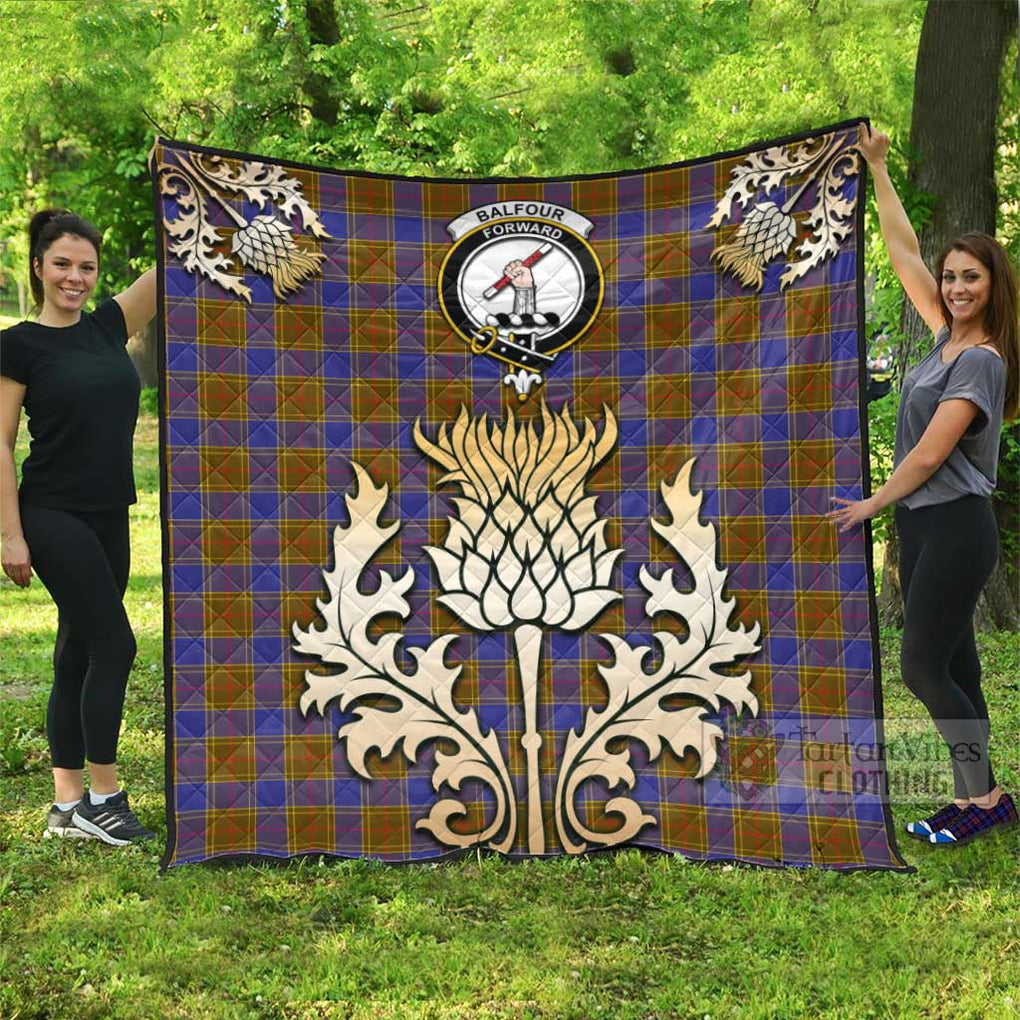 Tartan Vibes Clothing Balfour Tartan Quilt with Family Crest and Golden Thistle Style