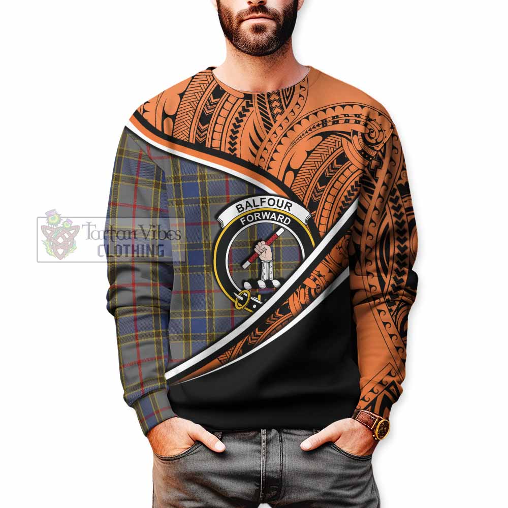 Tartan Vibes Clothing Balfour Crest Tartan Sweatshirt with Maori Tattoo Style - Orange Version