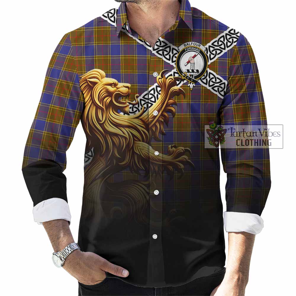 Balfour Crest Tartan Long Sleeve Button Shirt with Golden Lion Emblem Celtic Style - Tartan Vibes Clothing