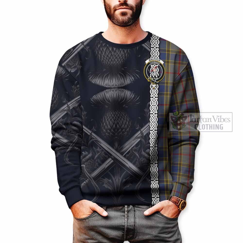 Tartan Vibes Clothing Balfour Tartan Sweatshirt with Family Crest Cross Sword Thistle Celtic Vibes