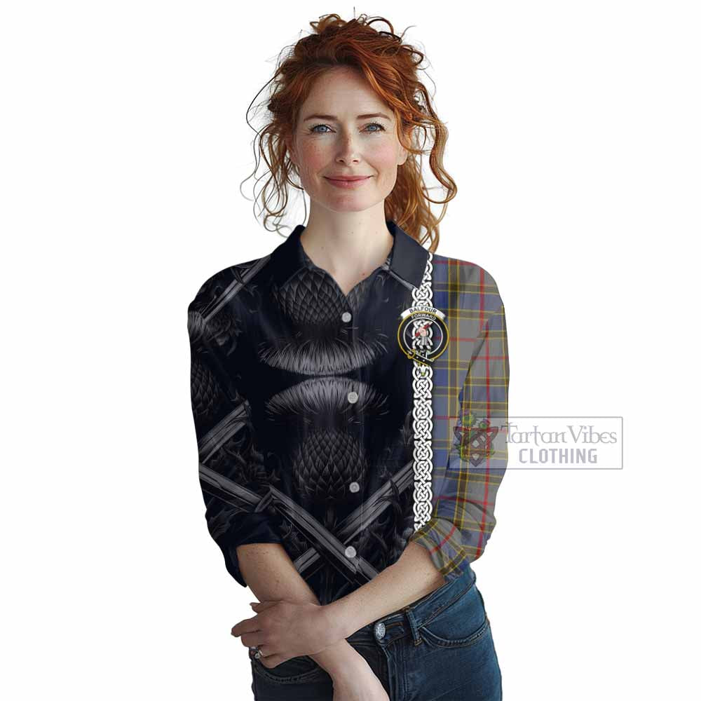 Tartan Vibes Clothing Balfour Tartan Women's Casual Shirt with Family Crest Cross Sword Thistle Celtic Vibes