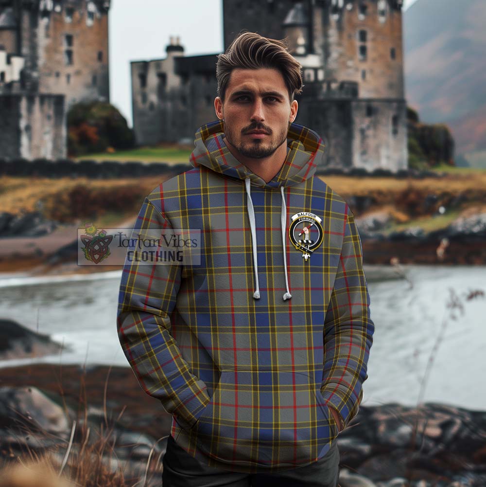 Tartan Vibes Clothing Balfour Tartan Cotton Hoodie with Family Crest and Bearded Skull Holding Bottles of Whiskey