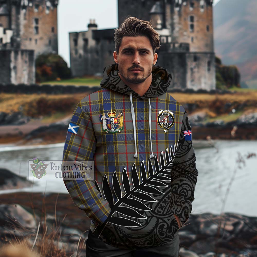 Tartan Vibes Clothing Balfour Crest Tartan Cotton Hoodie with New Zealand Silver Fern Half Style