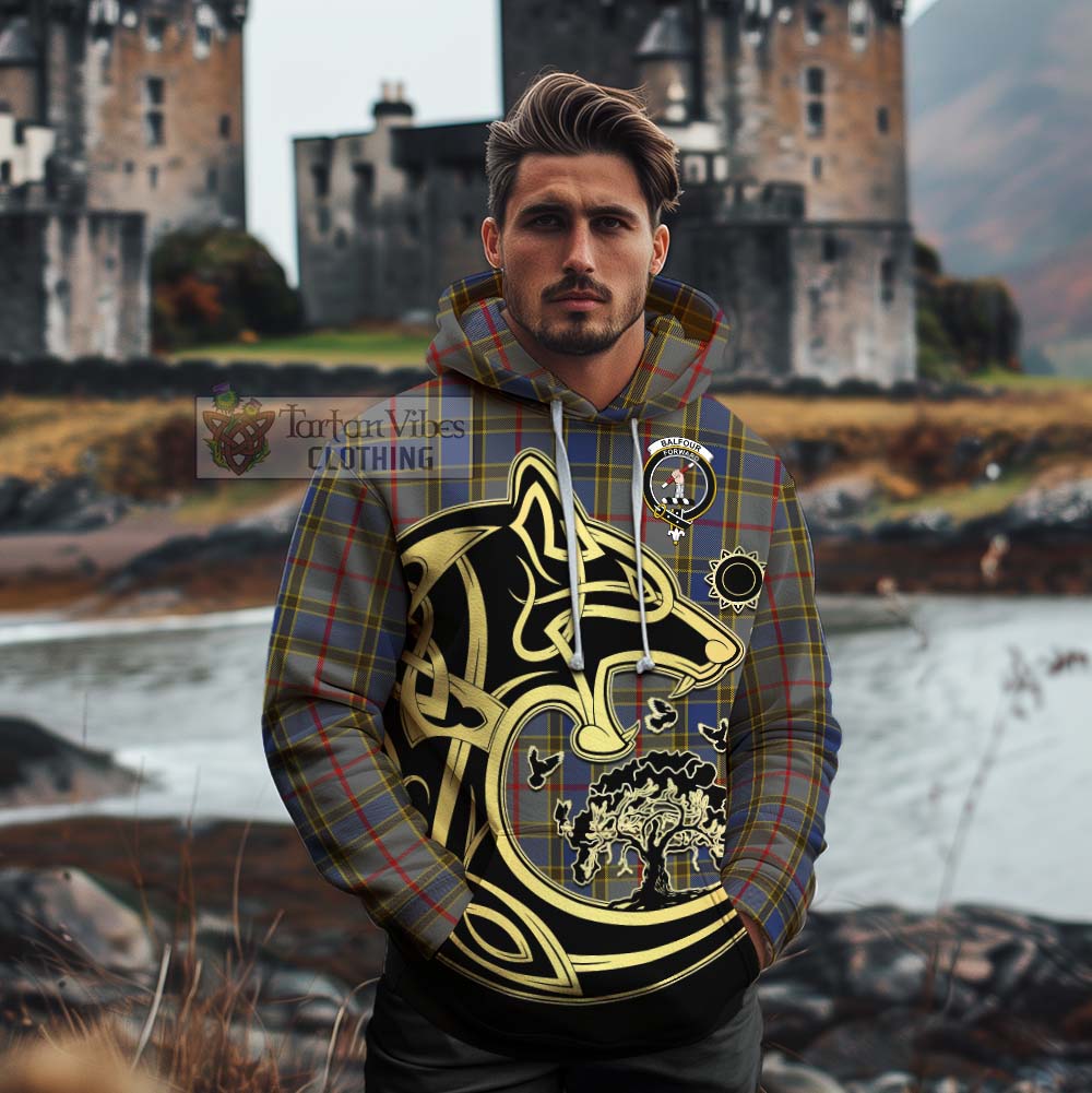 Tartan Vibes Clothing Balfour Tartan Cotton Hoodie with Family Crest Celtic Wolf Style