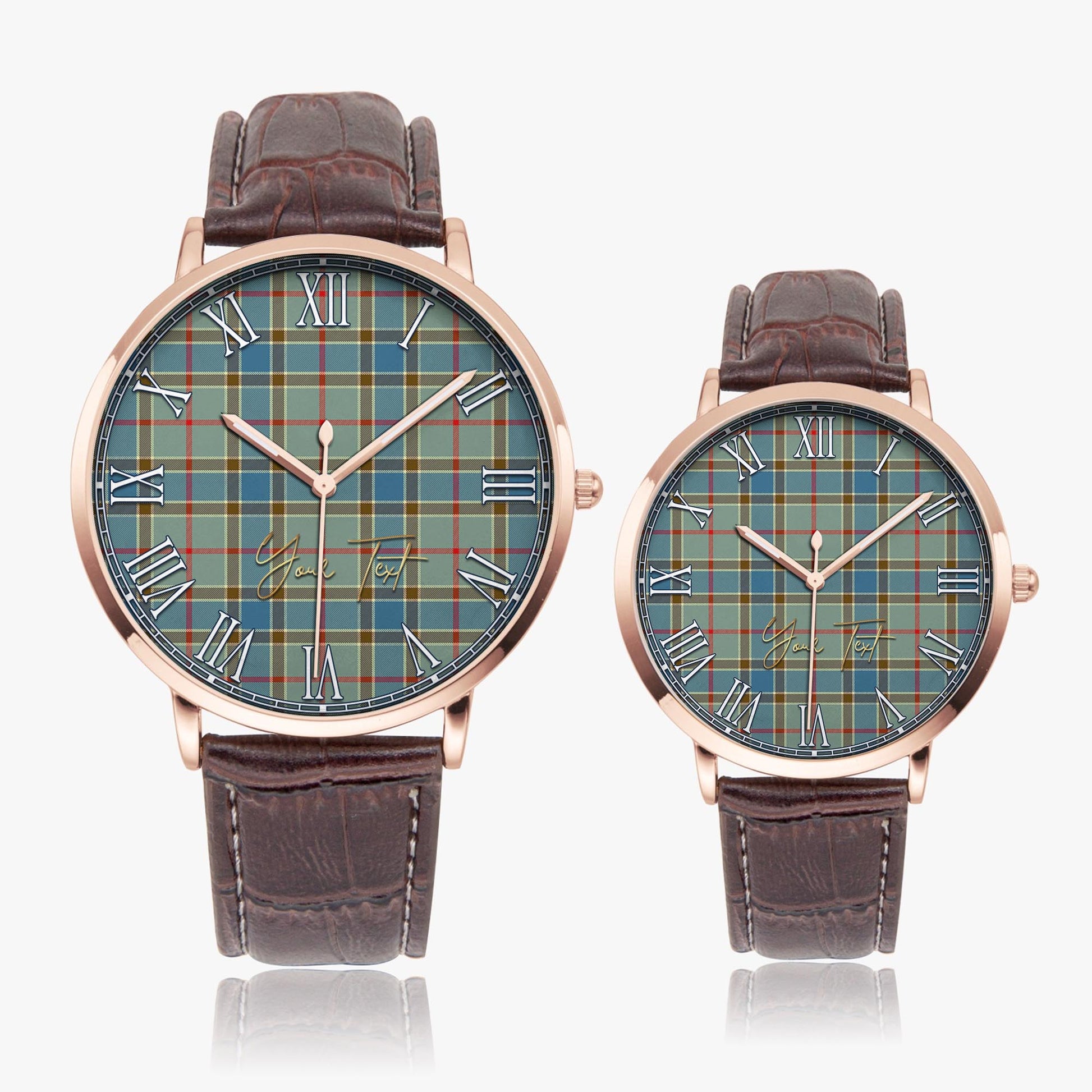 Balfour Blue Tartan Personalized Your Text Leather Trap Quartz Watch Ultra Thin Rose Gold Case With Brown Leather Strap - Tartanvibesclothing