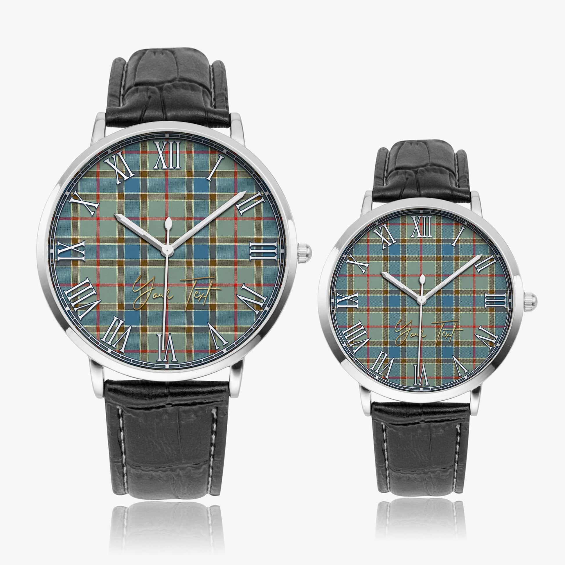 Balfour Blue Tartan Personalized Your Text Leather Trap Quartz Watch Ultra Thin Silver Case With Black Leather Strap - Tartanvibesclothing