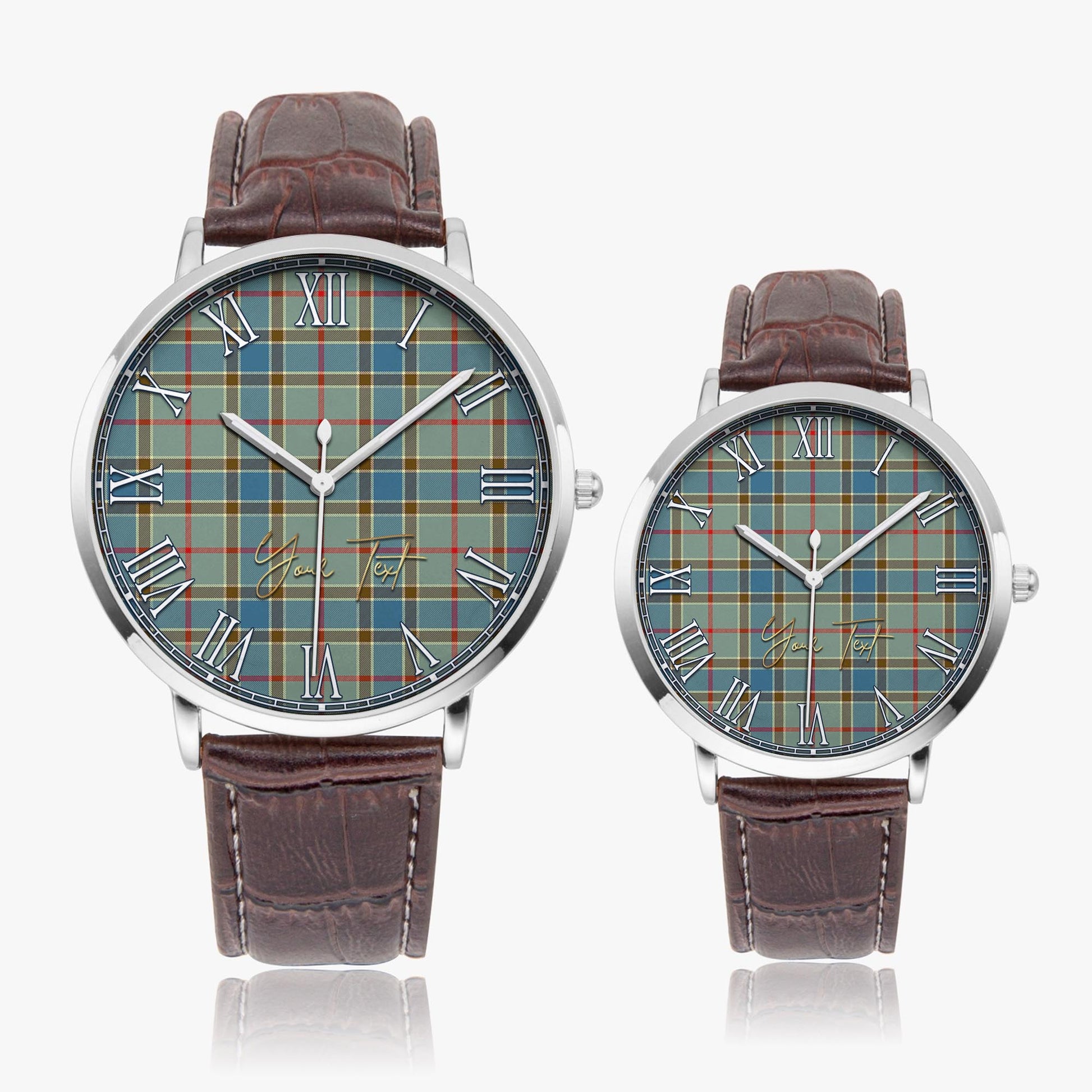 Balfour Blue Tartan Personalized Your Text Leather Trap Quartz Watch Ultra Thin Silver Case With Brown Leather Strap - Tartanvibesclothing