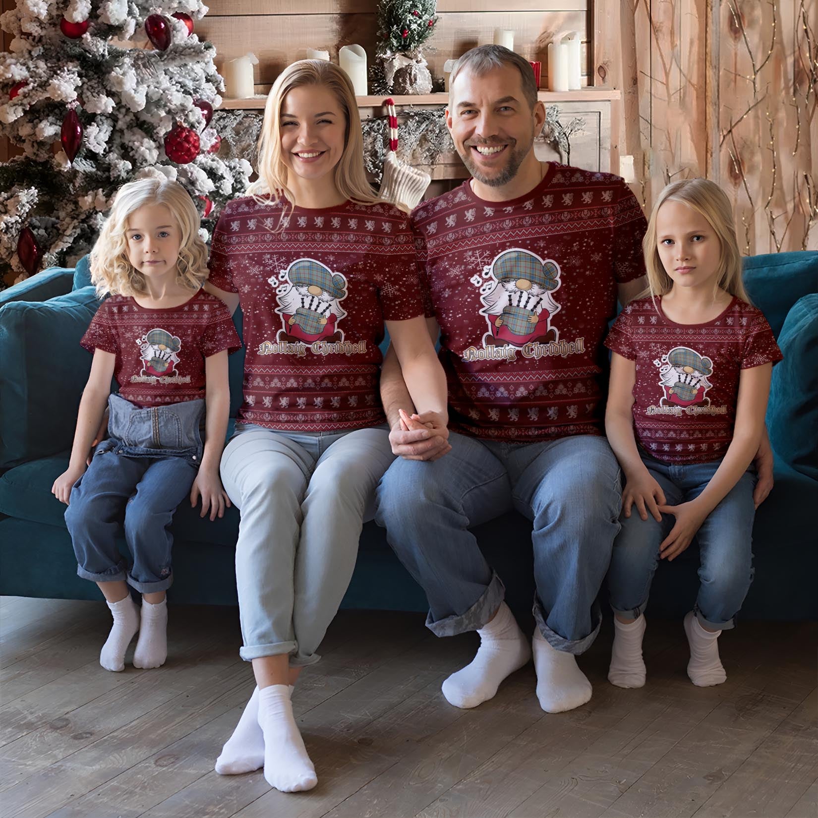 Balfour Blue Clan Christmas Family T-Shirt with Funny Gnome Playing Bagpipes Red - Tartanvibesclothing