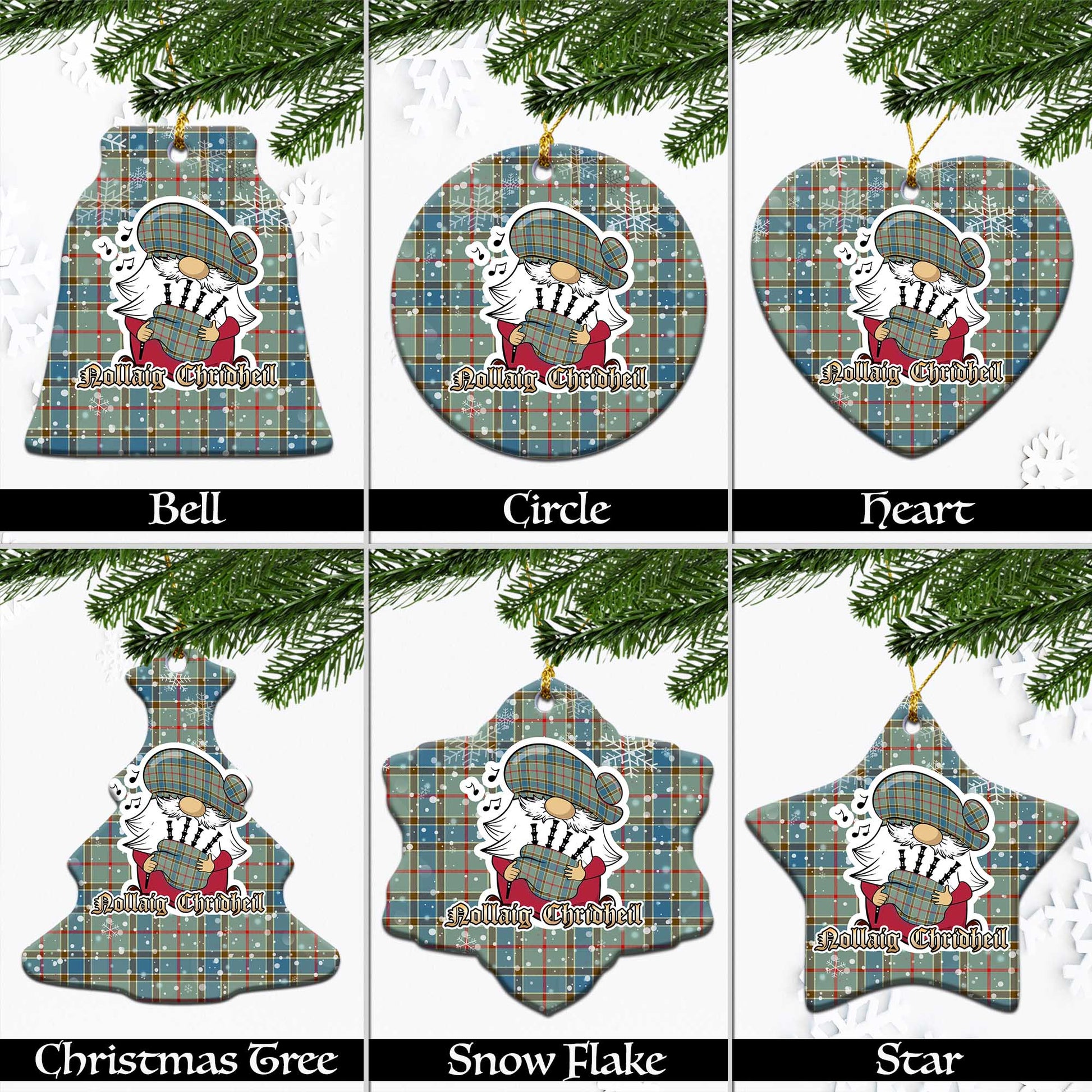 Balfour Blue Tartan Christmas Ornaments with Scottish Gnome Playing Bagpipes Ceramic - Tartanvibesclothing