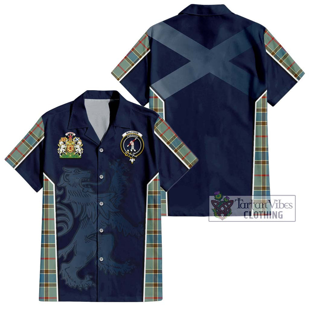 Balfour Blue Tartan Short Sleeve Button Shirt with Family Crest and Lion Rampant Vibes Sport Style Kid - Tartan Vibes Clothing