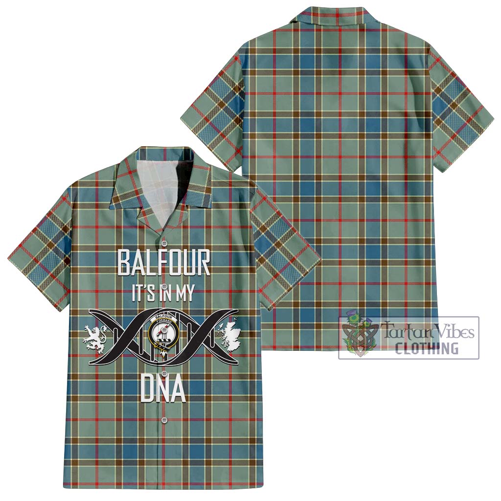 Tartan Vibes Clothing Balfour Blue Tartan Short Sleeve Button Shirt with Family Crest DNA In Me Style