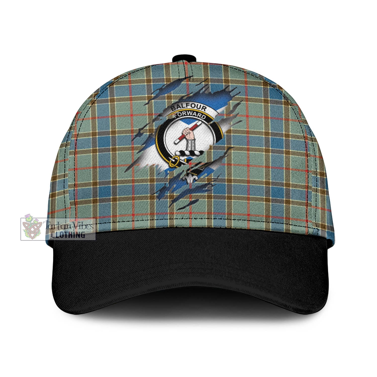 Tartan Vibes Clothing Balfour Blue Tartan Classic Cap with Family Crest In Me Style