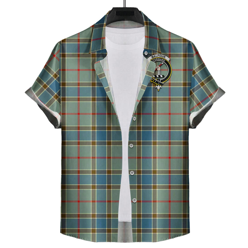 Balfour Blue Tartan Short Sleeve Button Down Shirt with Family Crest - Tartanvibesclothing