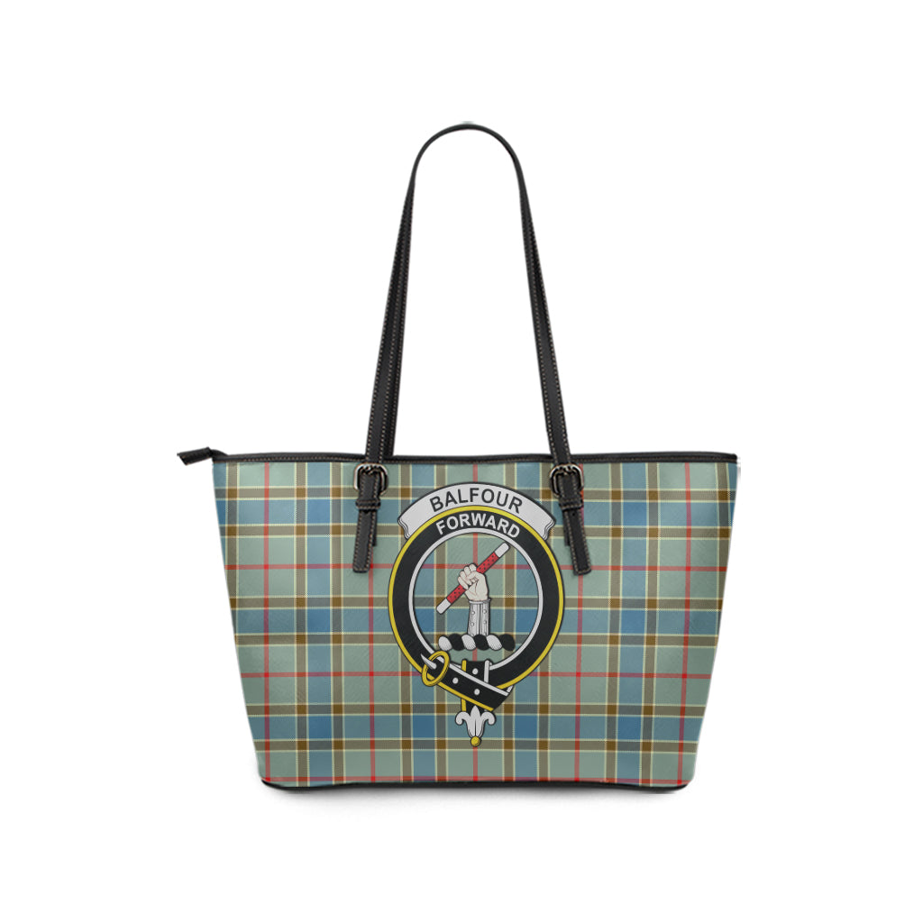 Balfour Blue Tartan Leather Tote Bag with Family Crest - Tartanvibesclothing