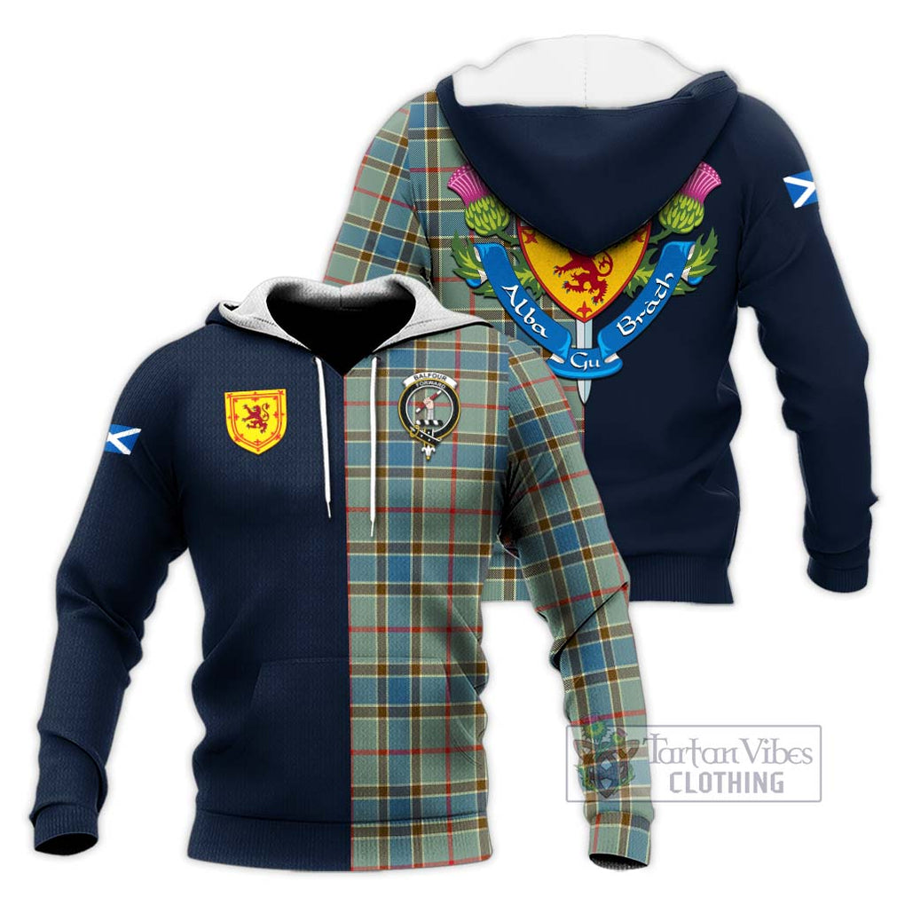 Tartan Vibes Clothing Balfour Blue Tartan Knitted Hoodie with Scottish Lion Royal Arm Half Style