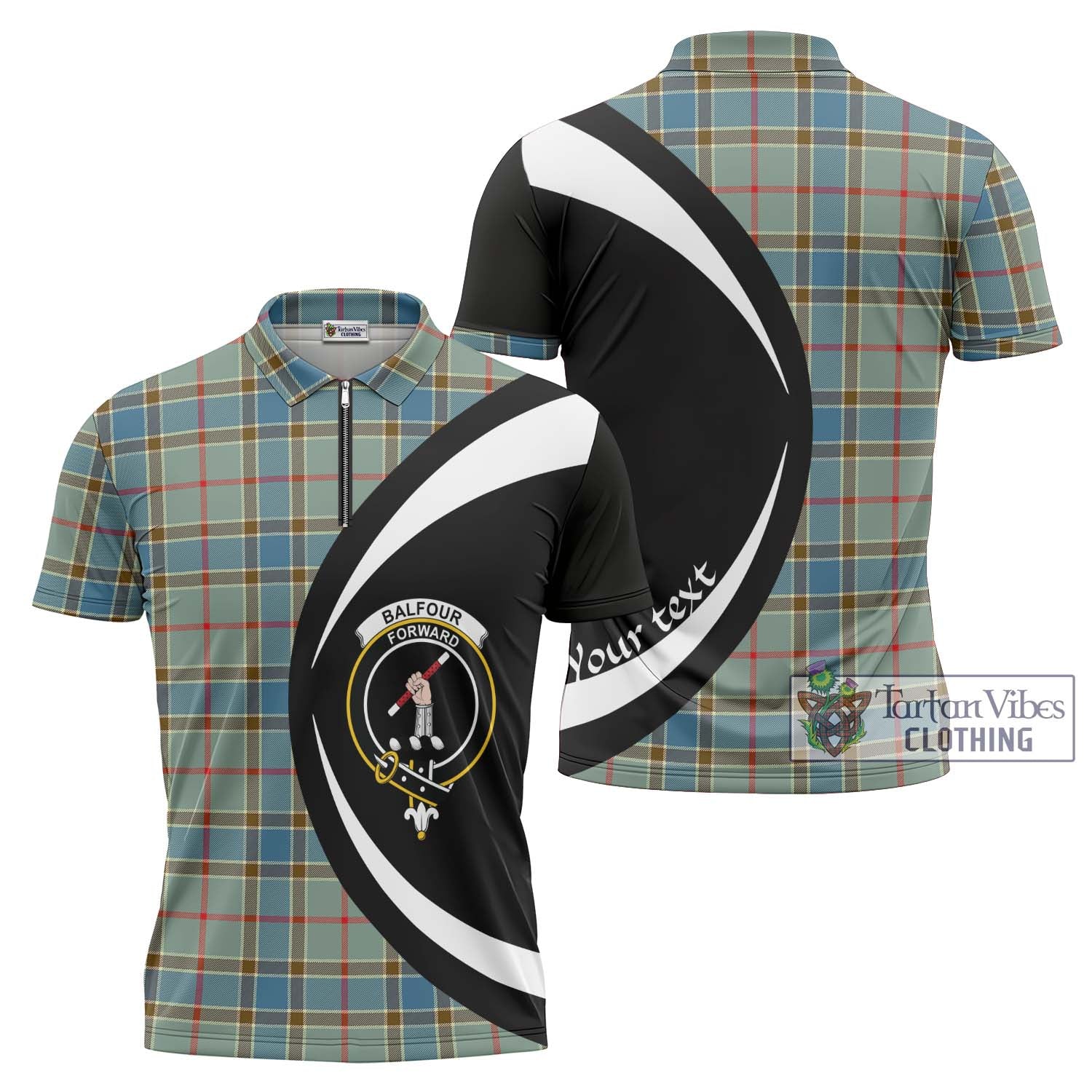 Tartan Vibes Clothing Balfour Blue Tartan Zipper Polo Shirt with Family Crest Circle Style