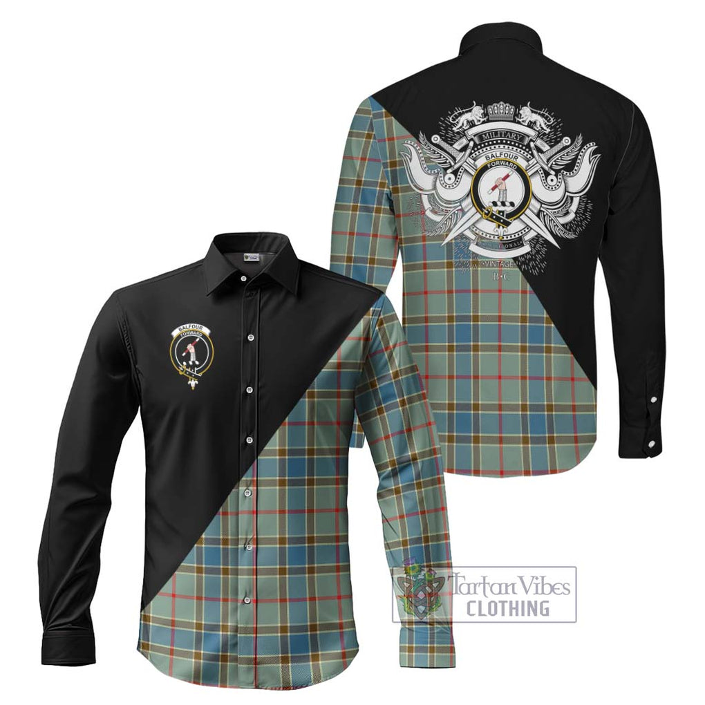 Balfour Blue Tartan Long Sleeve Button Shirt with Family Crest and Military Logo Style Men's Shirt S - Tartanvibesclothing Shop