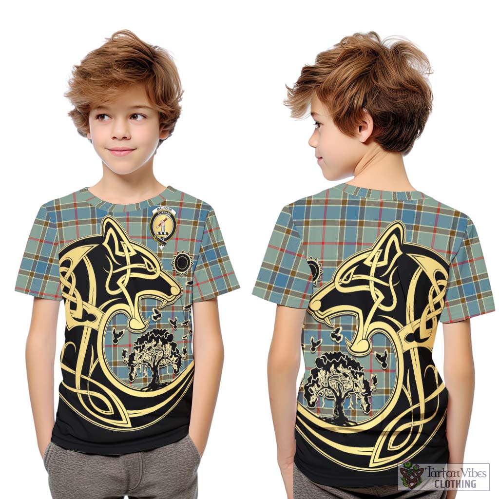 Tartan Vibes Clothing Balfour Blue Tartan Kid T-Shirt with Family Crest Celtic Wolf Style