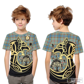 Balfour Blue Tartan Kid T-Shirt with Family Crest Celtic Wolf Style