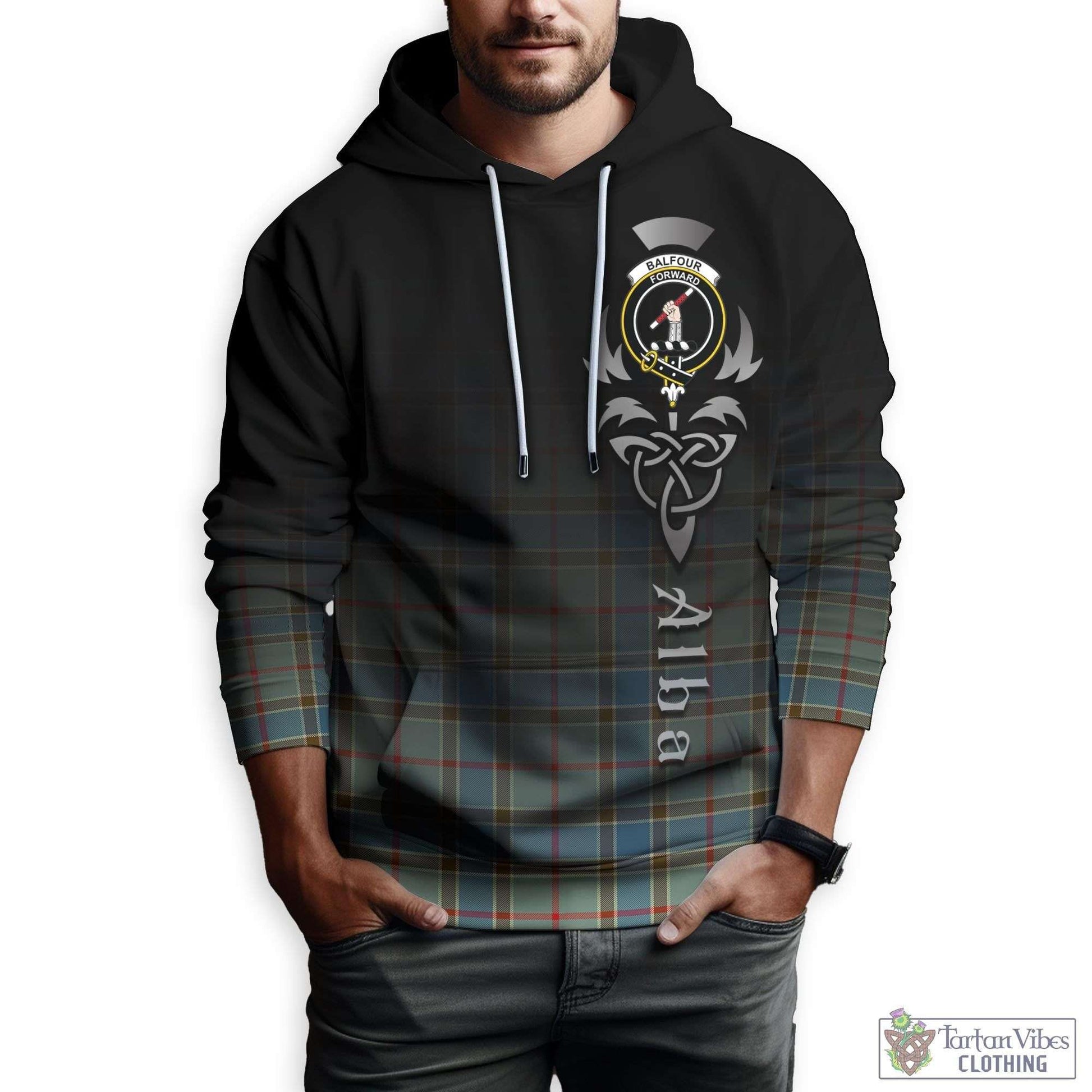 Tartan Vibes Clothing Balfour Blue Tartan Hoodie Featuring Alba Gu Brath Family Crest Celtic Inspired