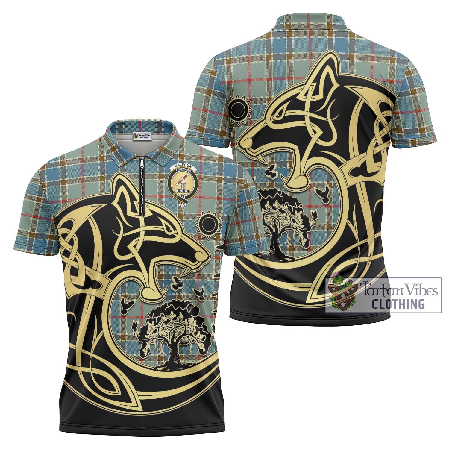 Tartan Vibes Clothing Balfour Blue Tartan Zipper Polo Shirt with Family Crest Celtic Wolf Style