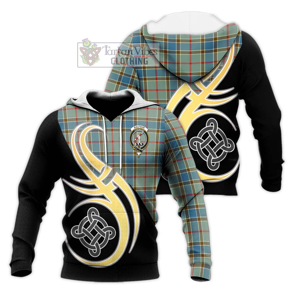 Balfour Blue Tartan Knitted Hoodie with Family Crest and Celtic Symbol Style Unisex Knitted Pullover Hoodie - Tartan Vibes Clothing