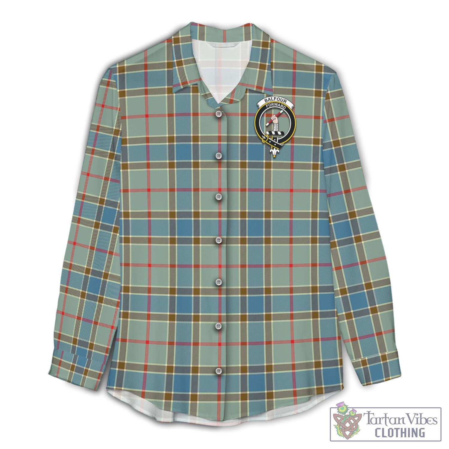 Tartan Vibes Clothing Balfour Blue Tartan Womens Casual Shirt with Family Crest