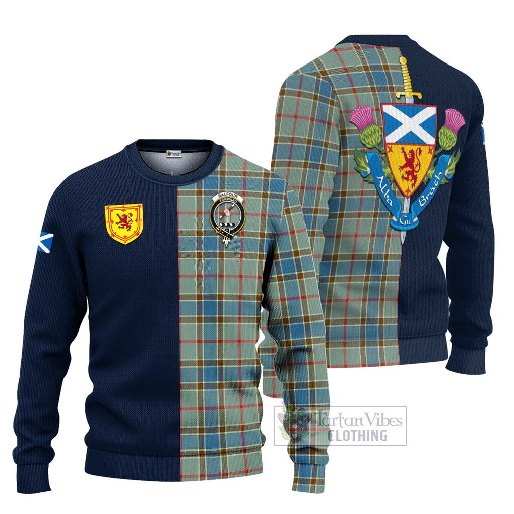 Tartan Vibes Clothing Balfour Blue Tartan Knitted Sweater with Scottish Lion Royal Arm Half Style