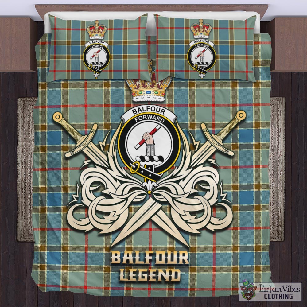 Tartan Vibes Clothing Balfour Blue Tartan Bedding Set with Clan Crest and the Golden Sword of Courageous Legacy