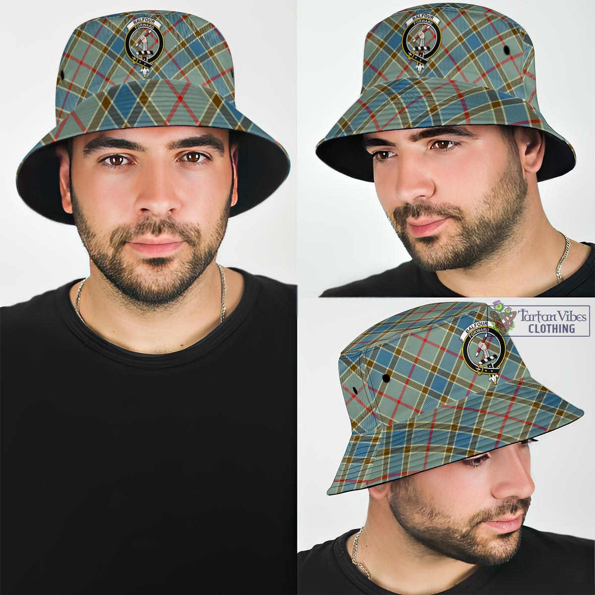 Tartan Vibes Clothing Balfour Blue Tartan Bucket Hat with Family Crest