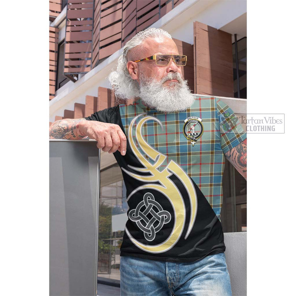 Tartan Vibes Clothing Balfour Blue Tartan Cotton T-shirt with Family Crest and Celtic Symbol Style