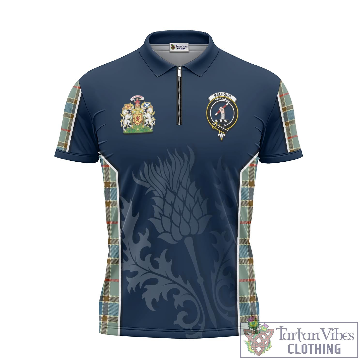 Tartan Vibes Clothing Balfour Blue Tartan Zipper Polo Shirt with Family Crest and Scottish Thistle Vibes Sport Style