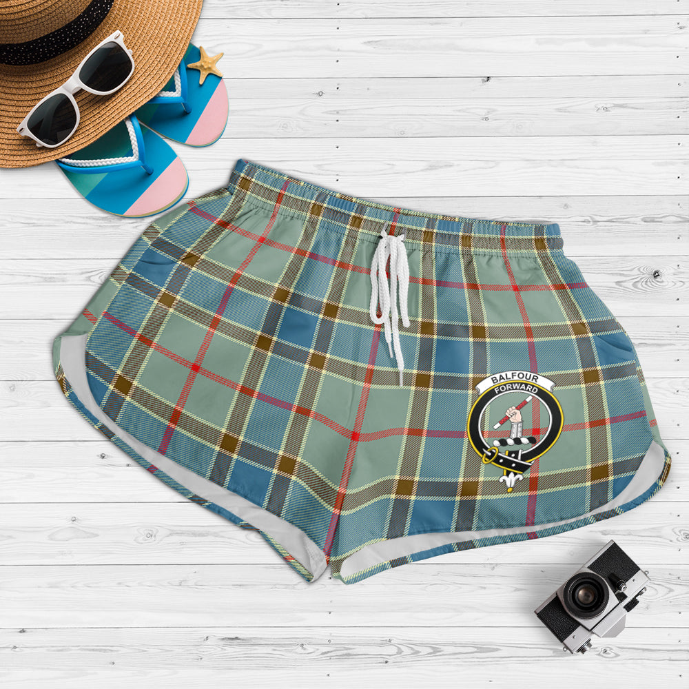 Balfour Blue Tartan Womens Shorts with Family Crest - Tartanvibesclothing