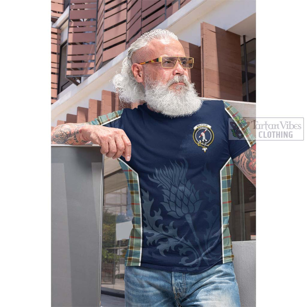 Tartan Vibes Clothing Balfour Blue Tartan Cotton T-shirt with Family Crest and Scottish Thistle Vibes Sport Style