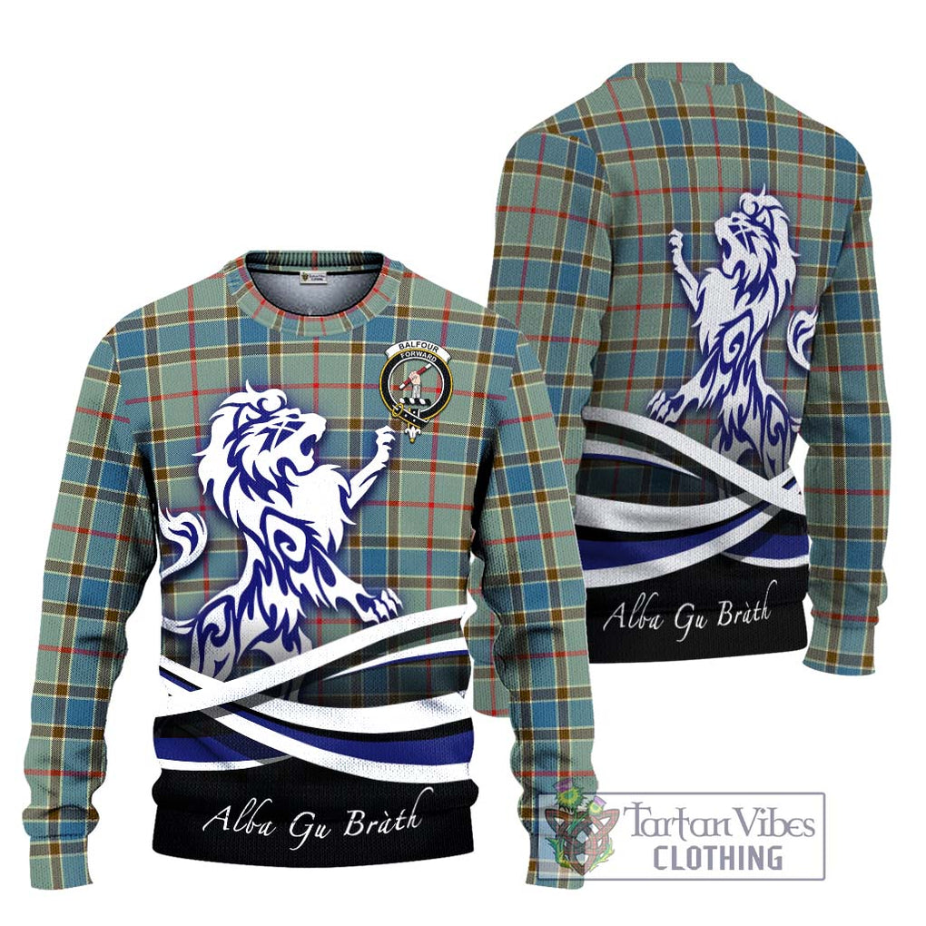 Balfour Blue Tartan Knitted Sweater with Alba Gu Brath Regal Lion Emblem Unisex - Tartanvibesclothing Shop