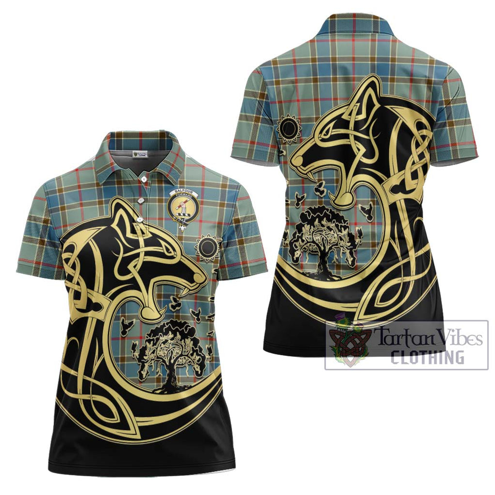 Balfour Blue Tartan Women's Polo Shirt with Family Crest Celtic Wolf Style Women - Tartanvibesclothing Shop